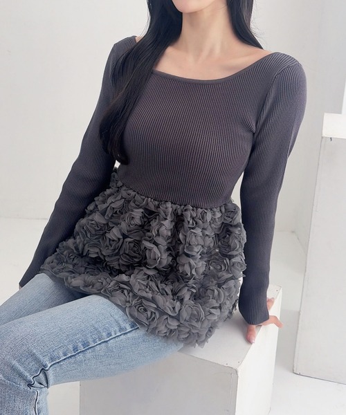INGNI(イング)の「【SOELA】フラワーチュールペプラム長袖ニット/WEB限定(ニット/セーター・レディース・ブラック/アイボリー/チャコールグレー・FREE)」の16枚目の写真