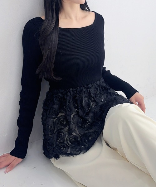 INGNI(イング)の「【SOELA】フラワーチュールペプラム長袖ニット/WEB限定(ニット/セーター・レディース・ブラック/アイボリー/チャコールグレー・FREE)」の10枚目の写真