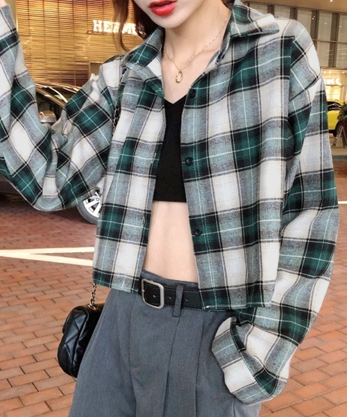 Riff(リフ)の「チェックシャツ ショート丈(シャツ/ブラウス・レディース・グリーン/ブラウン・FREE)」の2枚目の写真