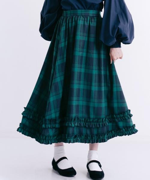 MERLOT（メルロー）の「チェック柄ダブルフリルラインスカート7191（スカート・レディース・ネイビー/レッド/グリーン・FREE）」の2枚目の写真