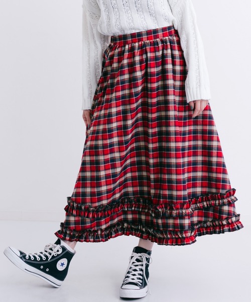 MERLOT（メルロー）の「チェック柄ダブルフリルラインスカート7191（スカート・レディース・ネイビー/レッド/グリーン・FREE）」の3枚目の写真