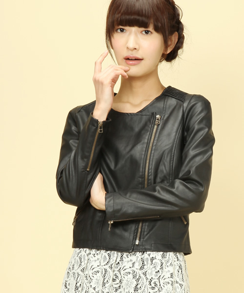 Another Edition（アナザーエディション）の「AE FAKEﾚｻﾞｰ N/C RIDERS（ライダースジャケット・レディース・ブラック/ベージュ・SMALL/MEDIUM）」の8枚目の写真