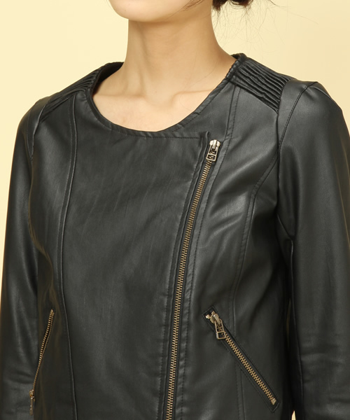 Another Edition（アナザーエディション）の「AE FAKEﾚｻﾞｰ N/C RIDERS（ライダースジャケット・レディース・ブラック/ベージュ・SMALL/MEDIUM）」の9枚目の写真