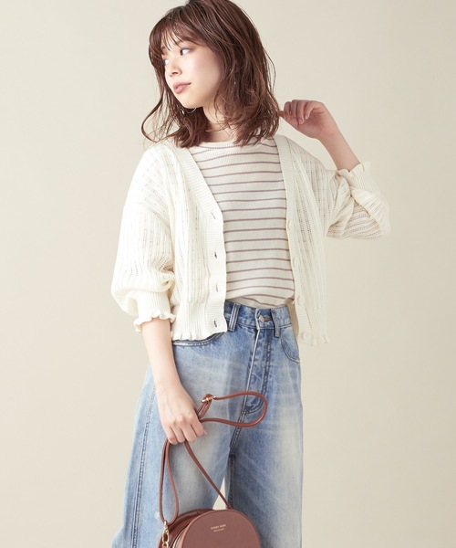 natural couture（ナチュラルクチュール）の「すかし柄ショートカーディガン（カーディガン/ボレロ・レディース・オフホワイト/ブラウン/サックスブルー/ピンク/ブラック・FREE）」の8枚目の写真