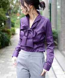 NARACAMICIE | サテンストライプリボン付スタンドカラーシャツ(シャツ/ブラウス)