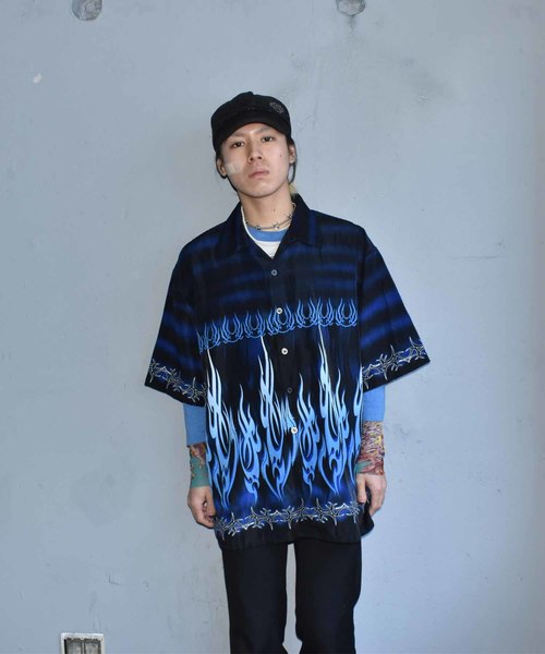 XL★古着 半袖 シャツ メンズ トライバル柄 大きいサイズ 開襟 オープンカラー 青他 ブルー 24apr26 中古 トップス 古着通販 XL☆古着 半袖 シャツ メンズ 00年代 00s トライバル柄