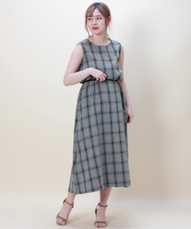リネンライク チェック柄ノースリーブワンピース