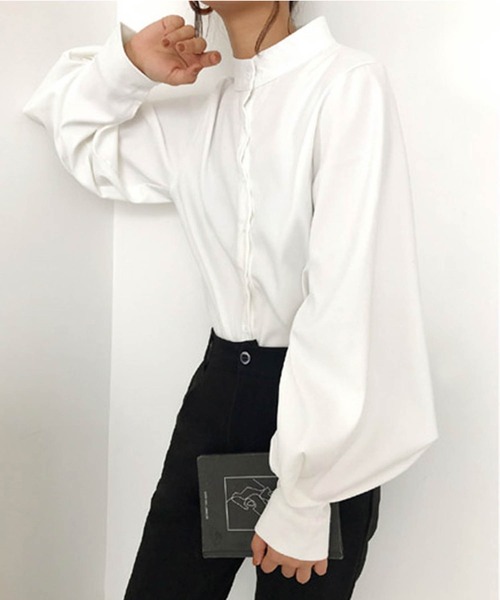 AMELY（エミリー）の「スタンドカラーボリューム袖ブラウス（シャツ/ブラウス・レディース・ホワイト/ベージュ/ブルー/ブラック・S/M/L/XL）」の13枚目の写真