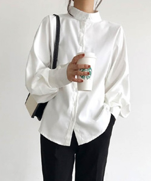 AMELY（エミリー）の「スタンドカラーボリューム袖ブラウス（シャツ/ブラウス・レディース・ホワイト/ベージュ/ブルー/ブラック・S/M/L/XL）」の14枚目の写真