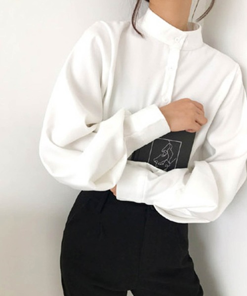 AMELY（エミリー）の「スタンドカラーボリューム袖ブラウス（シャツ/ブラウス・レディース・ホワイト/ベージュ/ブルー/ブラック・S/M/L/XL）」の16枚目の写真