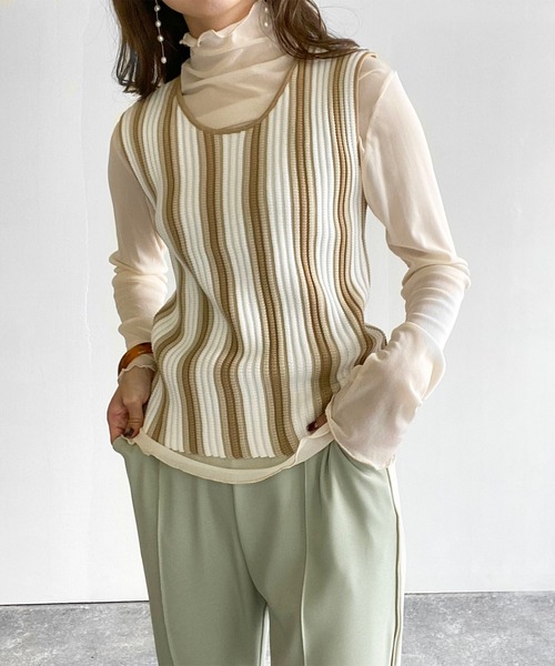 Birthday room（バースデイルーム）の「ストライプニットタンク（タンクトップ・レディース・ベージュ/グリーン・FREE）」の4枚目の写真