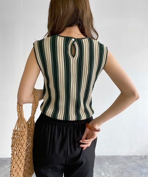 Birthday room（バースデイルーム）の「ストライプニットタンク（タンクトップ・レディース・ベージュ/グリーン・FREE）」の6枚目の写真