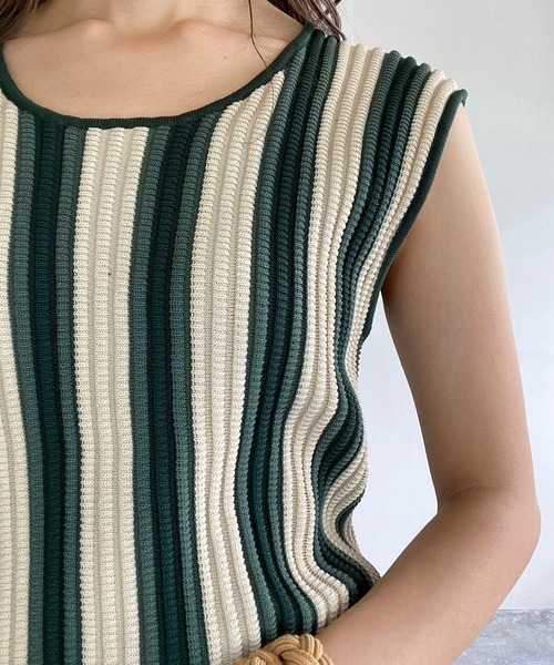 Birthday room（バースデイルーム）の「ストライプニットタンク（タンクトップ・レディース・ベージュ/グリーン・FREE）」の9枚目の写真