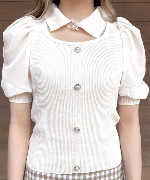 Crea titty&Co. PETIT（クレアティティーアンドコープチ）の「【Crea titty&Co.PETIT】デコルテオープン5分袖トップス（ニット/セーター・レディース・オフホワイト/ブラック/パープル・FREE）」の7枚目の写真