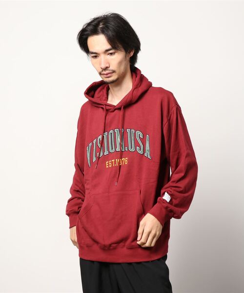 VISION STREET WEAR(ヴィジョンストリートウェア)の「VISION STREET WEAR ベロアワッペン裏毛フーディー(パーカー・レディース・チャコールグレー/パープル/マルチ/ワイン/キナリ・LL/M/L)」の1枚目の写真