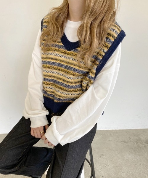 nemne store(ネンネストア)の「秋の香りとジャガードショートニットベスト(ベスト・レディース・カーキ/アイボリー/オフホワイト・フリー)」の5枚目の写真