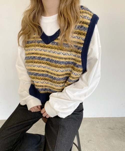 nemne store(ネンネストア)の「秋の香りとジャガードショートニットベスト(ベスト・レディース・カーキ/アイボリー/オフホワイト・フリー)」の21枚目の写真