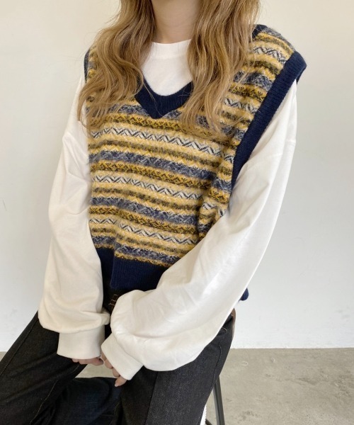 nemne store(ネンネストア)の「秋の香りとジャガードショートニットベスト(ベスト・レディース・カーキ/アイボリー/オフホワイト・フリー)」の10枚目の写真