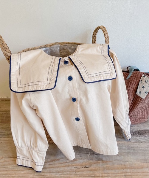 aimoha（アイモハ）の「【aimoha-KIDS-】【新作】子供服 かわいいセーラー服風ビッグカラーブラウス（シャツ/ブラウス・キッズ・ベージュ・80/90/100/110/120/130）」の9枚目の写真