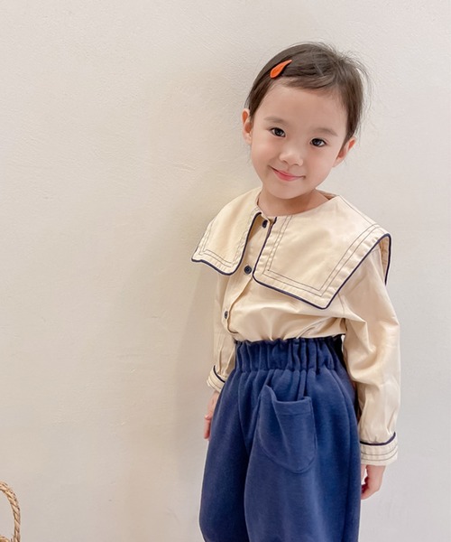 aimoha（アイモハ）の「【aimoha-KIDS-】【新作】子供服 かわいいセーラー服風ビッグカラーブラウス（シャツ/ブラウス・キッズ・ベージュ・80/90/100/110/120/130）」の4枚目の写真