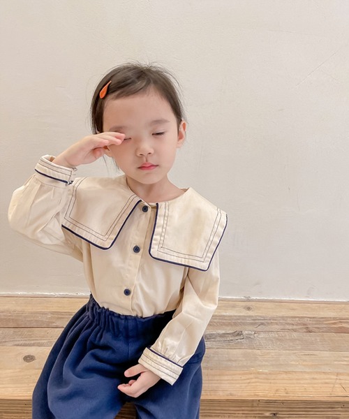 aimoha（アイモハ）の「【aimoha-KIDS-】【新作】子供服 かわいいセーラー服風ビッグカラーブラウス（シャツ/ブラウス・キッズ・ベージュ・80/90/100/110/120/130）」の16枚目の写真