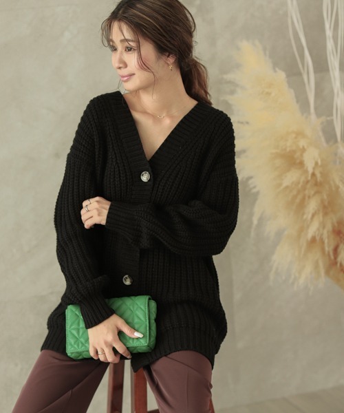 La-gemme（ラジェム）の「ローゲージニットカーディガン（カーディガン/ボレロ・レディース・ブラック/ダークブラウン/ブルーグリーン/グレー/グレイッシュベージュ/アイボリー・フリー）」の2枚目の写真