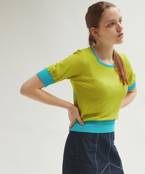 Keeepy(キーピー)の「【Keeepy】back open color scheme knit short pullover(ニット/セーター・レディース・ライトグリーン/ブルーグリーン・FREE)」の1枚目の写真