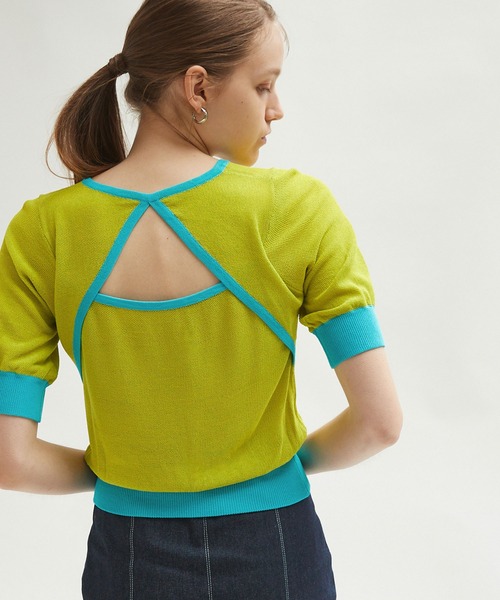 Keeepy(キーピー)の「【Keeepy】back open color scheme knit short pullover(ニット/セーター・レディース・ライトグリーン/ブルーグリーン・FREE)」の7枚目の写真