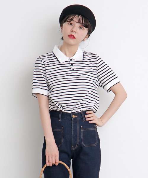 CHILD WOMAN（チャイルドウーマン）の「無地＆ボーダーポンチ ポロプルオーバー（ポロシャツ・レディース・その他/アイボリー/ブラック・FREE）」の2枚目の写真