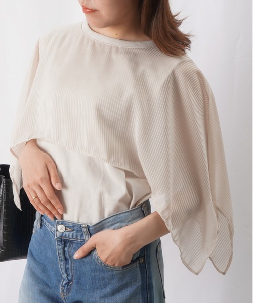 RODEO（ロデオ）の「RODEO  ロデオ サテンストライプケープカットソー（Tシャツ/カットソー・レディース・ブラック/ライトベージュ・FREE）」の2枚目の写真