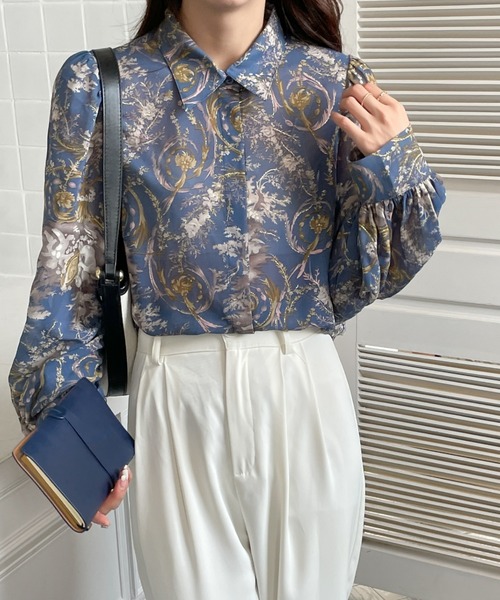 ECLIN(エクラン)の「ボリュームスリーブ総柄レギュラーカラーレディーシャツ(シャツ/ブラウス・レディース・ブラック/ベージュ/ブルー・M/L)」の12枚目の写真