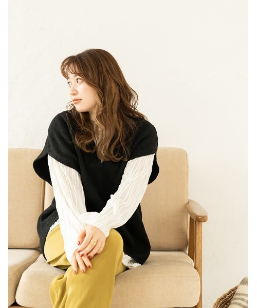 chocomee（チョコミー）の「v neck knit vest/ｖネックニットベスト（ベスト・レディース・アイボリー/ブラック・FREE）」の5枚目の写真