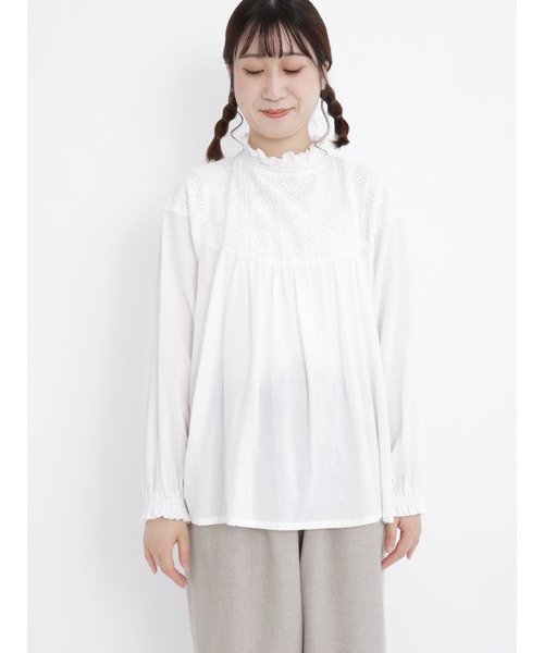 Samansa Mos2（サマンサ モスモス）の「シャーリングレース切替ブラウス（シャツ/ブラウス・レディース・オフホワイト/ブラック/キナリ/ピンク・ﾌﾘ-）」の9枚目の写真