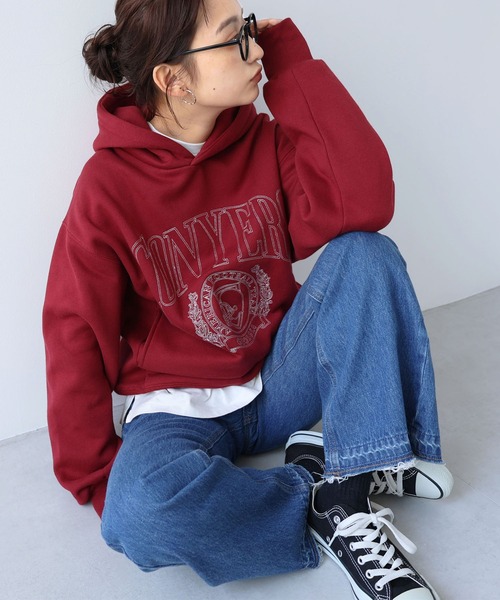 andme（アンドミー）の「裏起毛カレッジロゴ刺繍スウェットパーカー（パーカー・レディース・ブルー/ブラック/ボルドー/オートミール・M/L）」の22枚目の写真