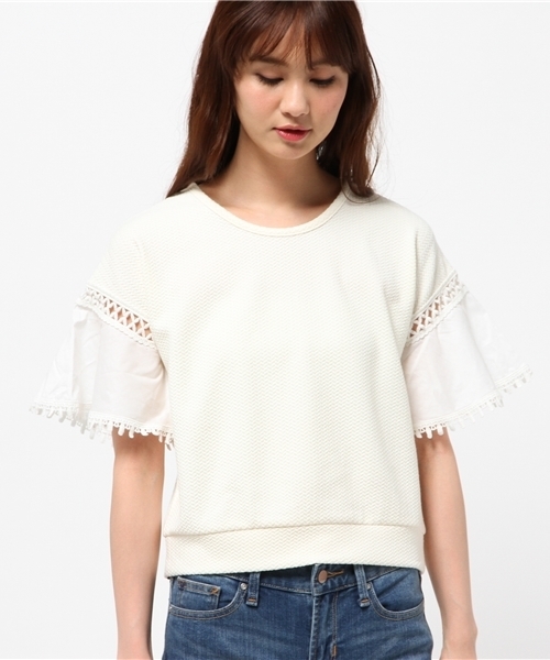 mystic(ミスティック)の「袖布帛切替プルオーバー(Tシャツ/カットソー・レディース・ホワイト/ネイビー/ブラック/ベージュ・フリ-)」の5枚目の写真