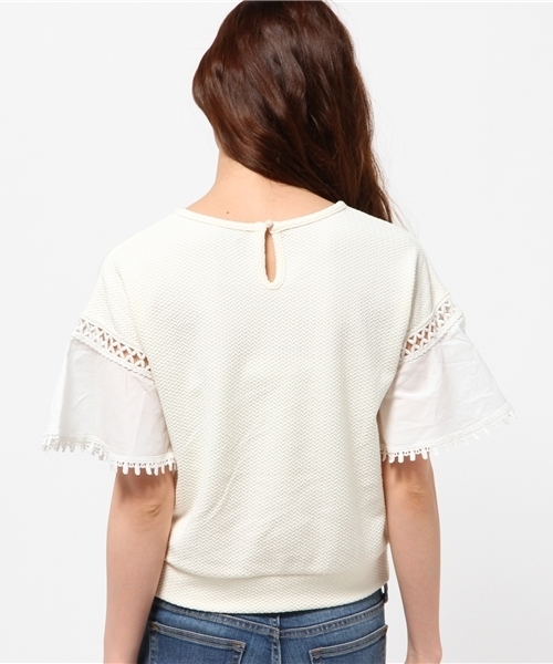 mystic(ミスティック)の「袖布帛切替プルオーバー(Tシャツ/カットソー・レディース・ホワイト/ネイビー/ブラック/ベージュ・フリ-)」の7枚目の写真