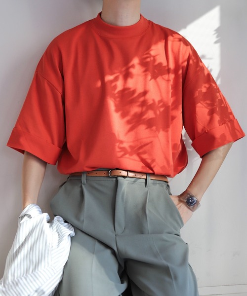 WONDER WONDER（ワンダーワンダー）の「ロールアップ袖 モックネックＴシャツ / Roll up Mock neck T-SHIRTS（Tシャツ/カットソー・メンズ・ブラック/レッド系/ホワイト/ベージュ・S/M/L）」の15枚目の写真