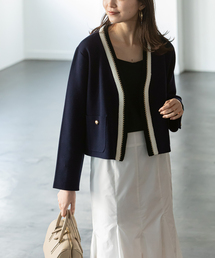 未使用noble 配色トリミングミラノリブショートジャケット ネイビー