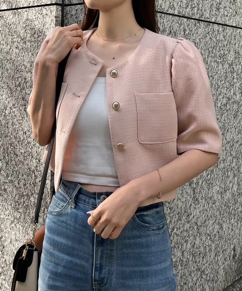 one after another NICE CLAUP(ワンアフターアナザーナイスクラップ)の「【新色追加】ツイードショートジャケット(ノーカラージャケット・レディース・アイボリー/ホワイト/ピンク系その他・FREE)」の3枚目の写真