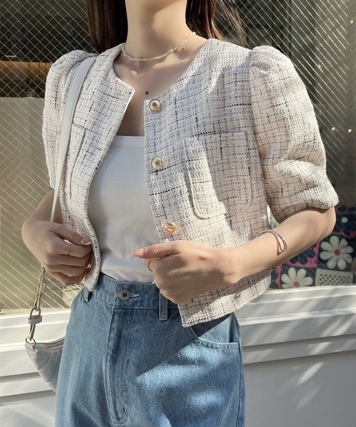 one after another NICE CLAUP(ワンアフターアナザーナイスクラップ)の「【新色追加】ツイードショートジャケット(ノーカラージャケット・レディース・アイボリー/ホワイト/ピンク系その他・FREE)」の22枚目の写真