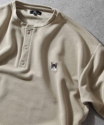 【ZIP FIVE】 ドライワッフル ビッグシルエット クルー ＆ ヘンリー ワンポイント 動物 刺繍 半袖 Tシャツ 猫 / キツネ