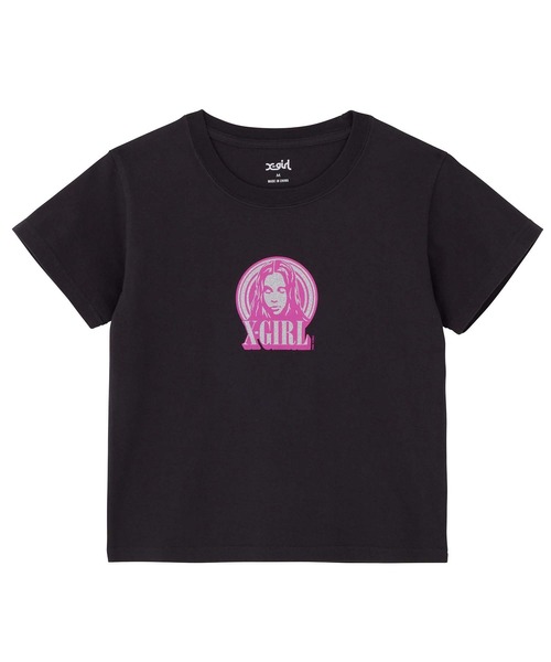 人気 X-girl GLITTER CIRCLE BACKGROUND FACE LOGO S/S BABY TEE X-girl(エックスガール)の「GLITTER CIRCLE BACKGROUND FACE