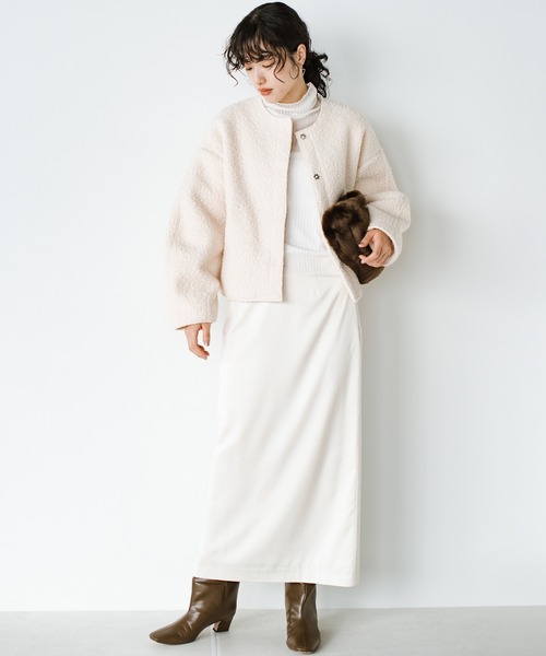 haco!（ハコ）の「ワントーンコーデも決まる！あったかくって、かっこいいショートジャケット（ノーカラージャケット・レディース・アイボリー/ブラック・SMALL/X-LARGE/LARGE/MEDIUM）」の12枚目の写真