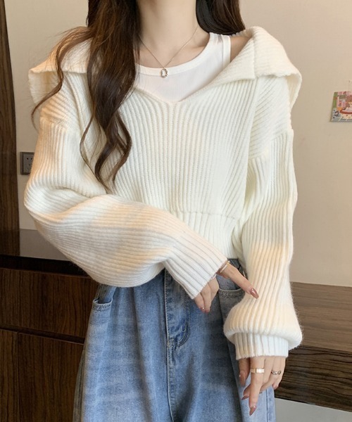 deux amour(ドゥーザムール)の「ビッグショールカラーインナータンクトップ付き短丈ニットプルオーバー(ニット/セーター・レディース・ブラック/ベージュ/ネイビー/グレー/ホワイト・FREE)」の6枚目の写真