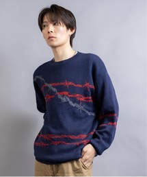 コットンタッチダブルジャガード 有刺鉄線モチーフ クルーネックニット