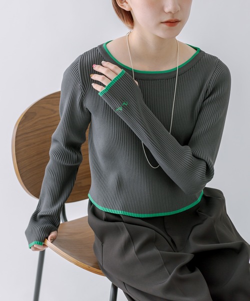 mline（エムライン）の「［mline］配色ロゴトップス（ニット/セーター・レディース・チャコールグレー/オフホワイト/オレンジ/グリーン・FREE）」の16枚目の写真