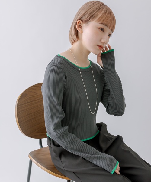 mline（エムライン）の「［mline］配色ロゴトップス（ニット/セーター・レディース・チャコールグレー/オフホワイト/オレンジ/グリーン・FREE）」の19枚目の写真