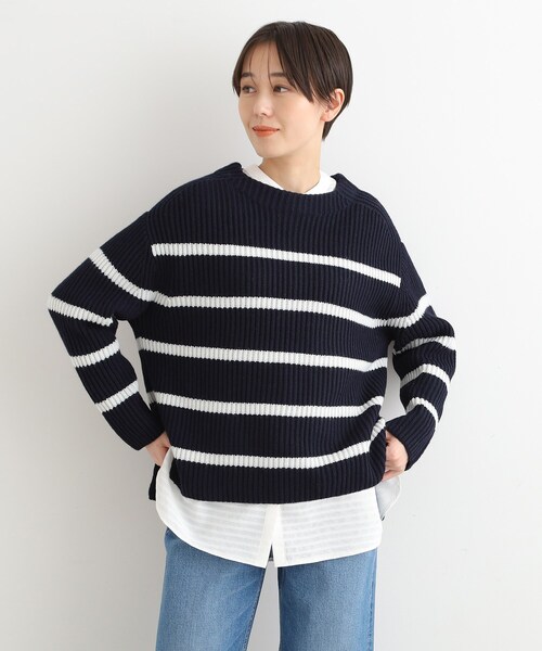 INDIVI（インディヴィ）の「◆【トレンド／ウール混】ドロップショルダー ボーダーニット（ニット/セーター・レディース・ホワイト系5/ベージュ系2/ネイビー系2・13/19/38/05/15 ）」の3枚目の写真