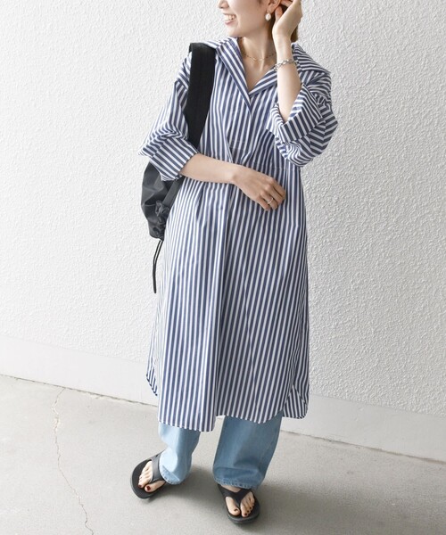 SHIPS any（シップス エニィ）の「SHIPS any:〈洗濯機可能〉REPREVE オープンカラー サック シャツ ワンピース（シャツワンピース・レディース・ホワイト/ネイビー/ブルー・ONE SIZE）」の3枚目の写真