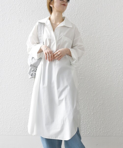 SHIPS any（シップス エニィ）の「SHIPS any:〈洗濯機可能〉REPREVE オープンカラー サック シャツ ワンピース（シャツワンピース・レディース・ホワイト/ネイビー/ブルー・ONE SIZE）」の11枚目の写真